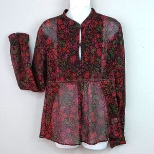 Apt 9 sheer floral long-sleeve velvet trim boho top sz L